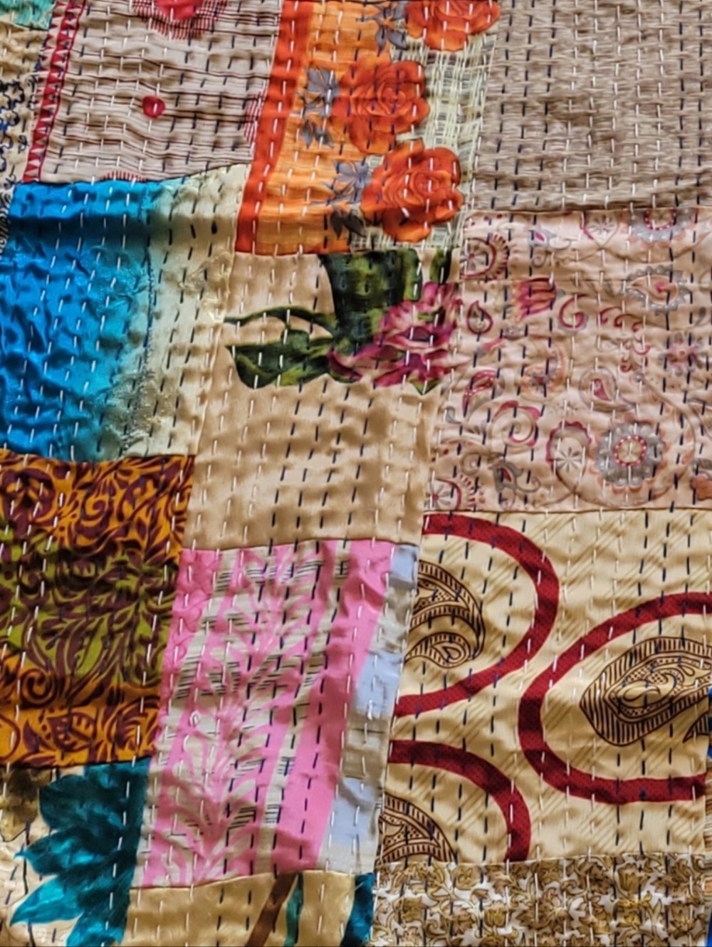 New Indian Handmade Patchwork Kantha Quilt Throw with Multicolor Accents